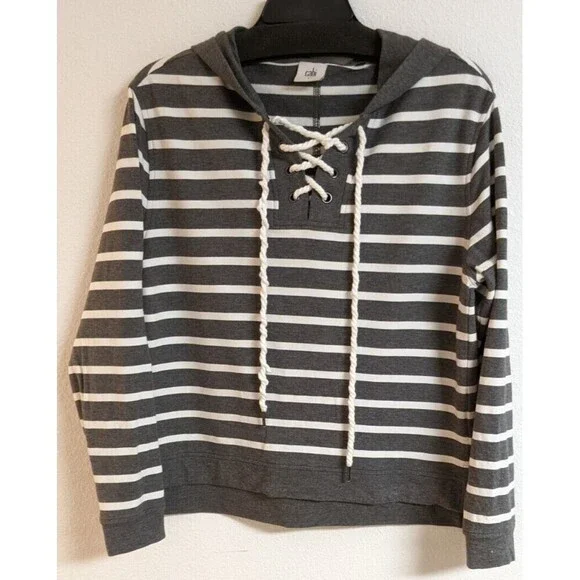 Cabi Women's Windward Striped Hooded Sweatshirt Top Gray/White # 5324 Size Small - Picture 2 of 9